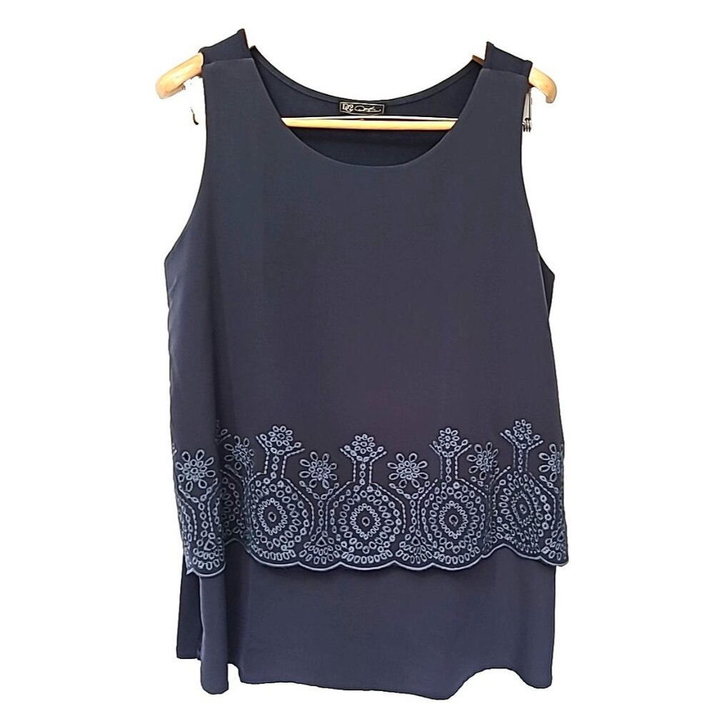 DG2 Diane Gilman Easy Tank‎ Top XL Navy Sleeveless Crochet Stretch Comfort